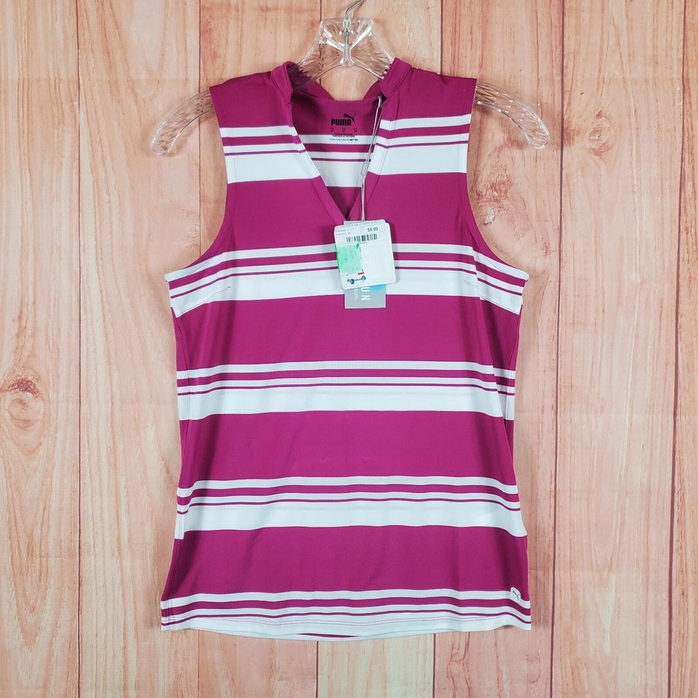 Puma‎ Cloudspun Valley Womens Polo Shirt XS Purple White Striped Sleeveless Golf